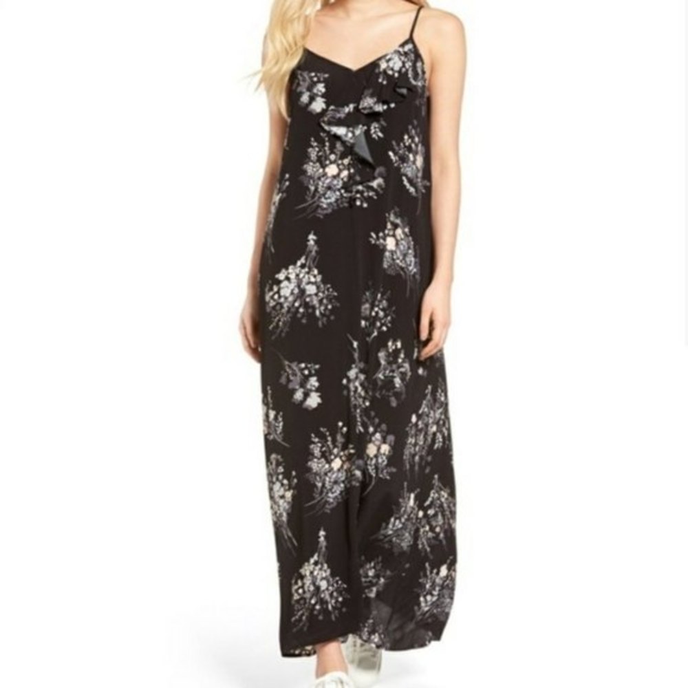Leith Floral Dress Ruffle Front Maxi Dress Black Gray Boho size Small